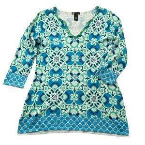 Carole Little Top Medium Turquoise Green Batik Sequin Trim Neckline Knit Tunic